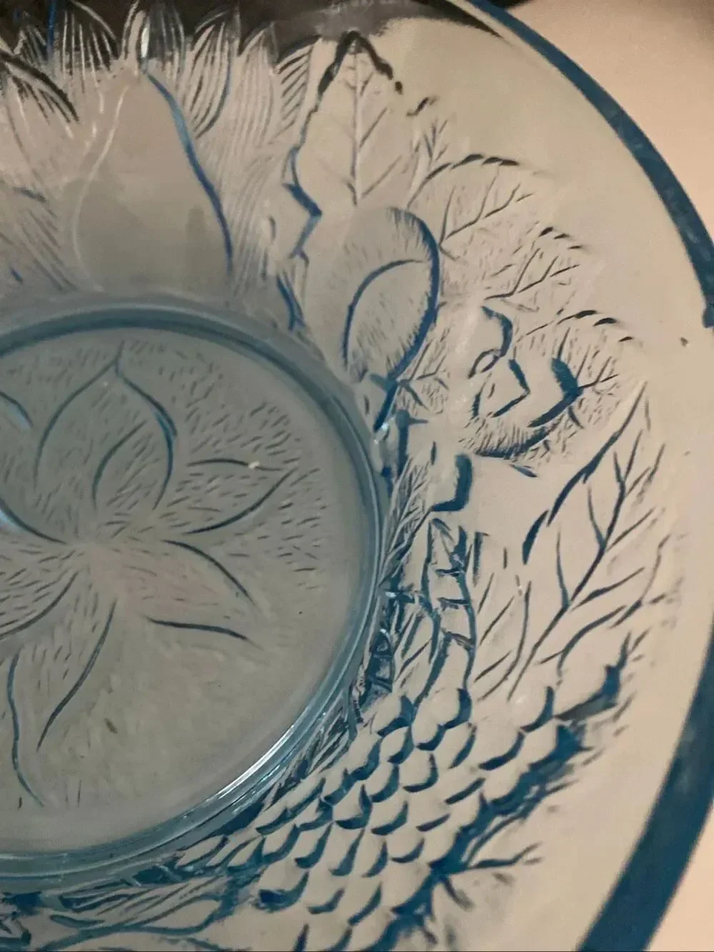 Blue Pressed Glass Serving Bowl Embossed Floral Pattern Decorative Dish vintage